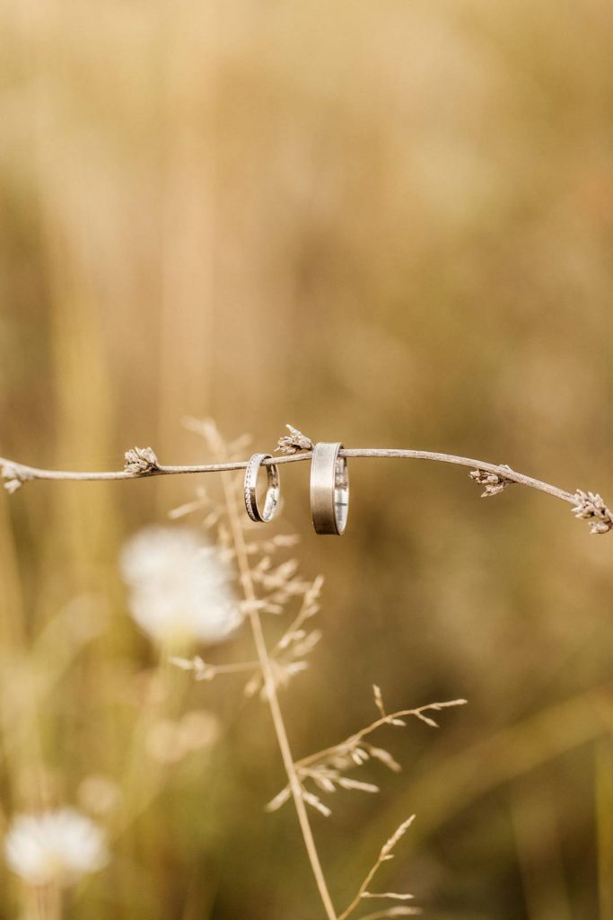 After Wedding Shooting Braut mit Brautkleid auf einer grünen Wiese im Sonnenuntergang