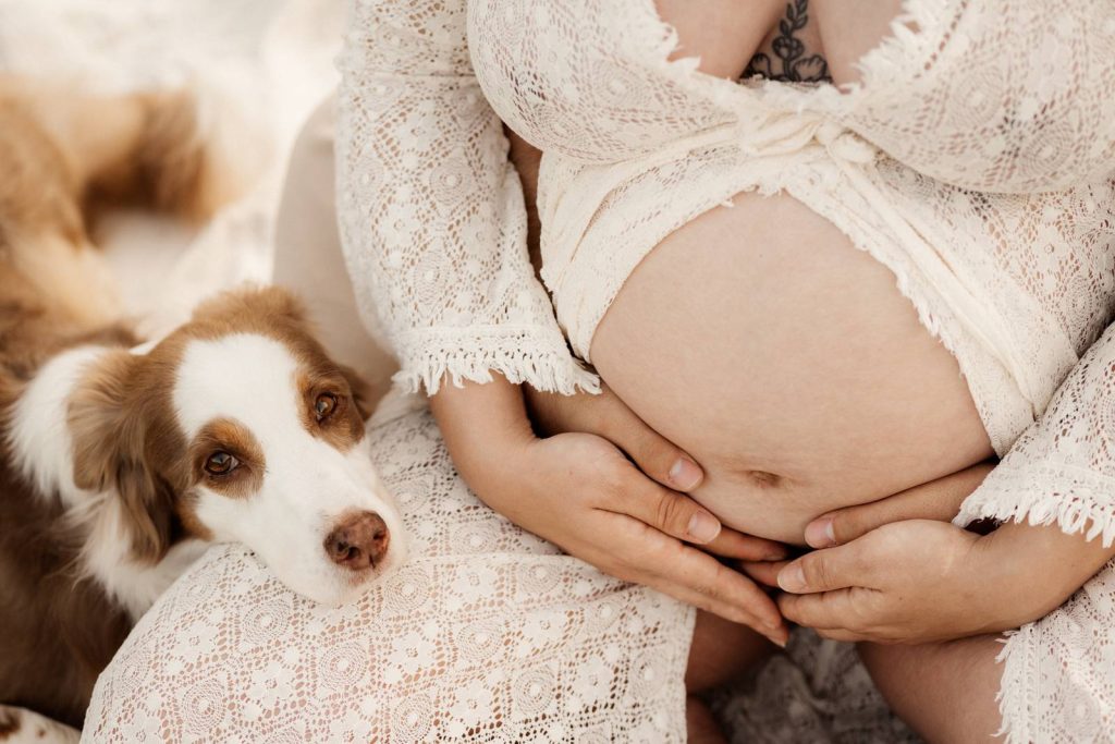Schwangere Frau beim Babybauchshooting im Shootinkleid aus meinem Kundenkleiderschrank